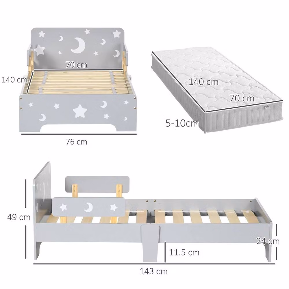 VOGREX Grey Star Moon Toddler Bed for Children in Engineered Wood, 70 x 140 cm – 2