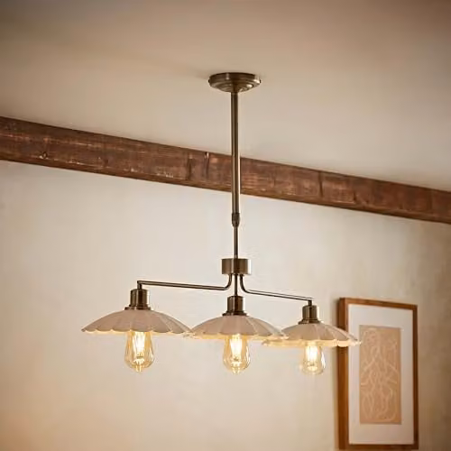 ValueLights Holborn 3 Drop Diner Bar Ceiling Light with Bulbs in Beige and Gold/Brass