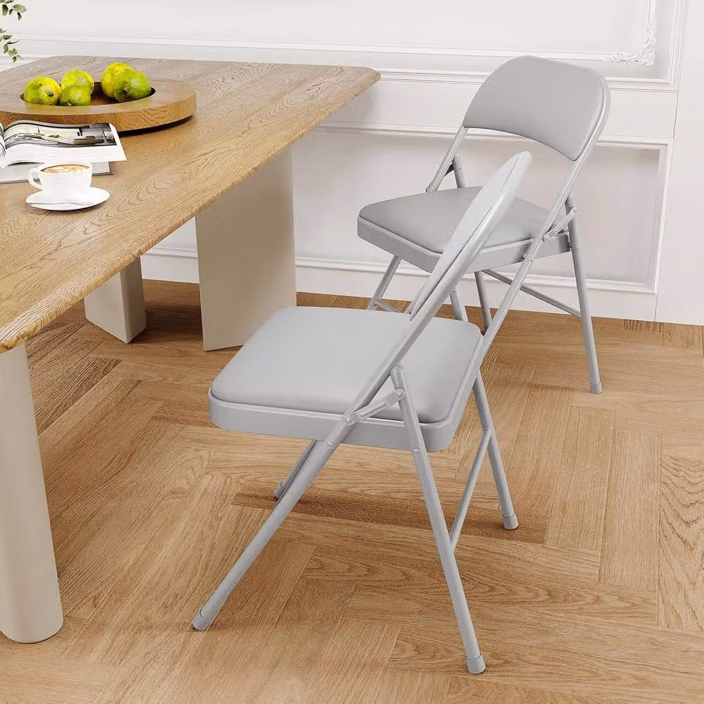 London Boutique Set of 2 Grey Upholstered Folding Dining Chairs with Synthetic Leather Padded Seats and Stackable Design – 2
