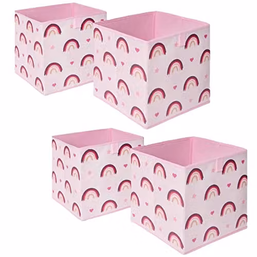 OHS Pack of 4 Rainbow Print Foldable Kids Storage Cube Organisers, Pink and Purple, W/D/H: 27 x 27 x 27 cm