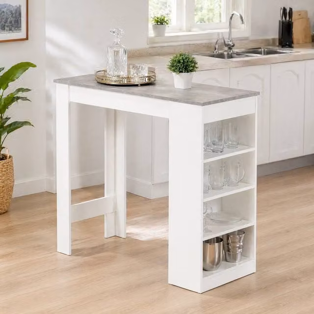 STILVORA Modern Grey Bar Table with Storage Shelves and Glass Top, H 115.0 cm x W 102.7 cm