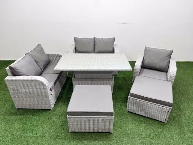 Fimous Grey Poly Rattan Garden Furniture Set with High Back Reclining Chair, Loveseat Sofa and Adjustable Lifting Table