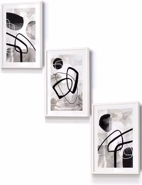 ARTZE Abstract Black and Grey Watercolour Shapes Framed Wall Art in White, W: 33 cm, H: 45 cm, D: 2 cm