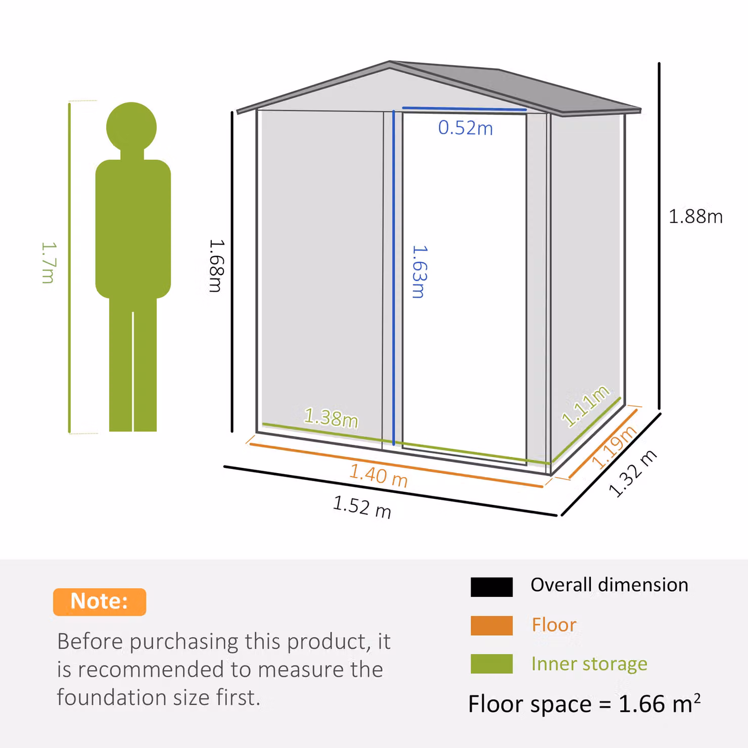 Outsunny Green Metal Garden Storage Shed with Sliding Door and Pent Roof, W: 130 cm, D: 130 cm, H: 188 cm – 2