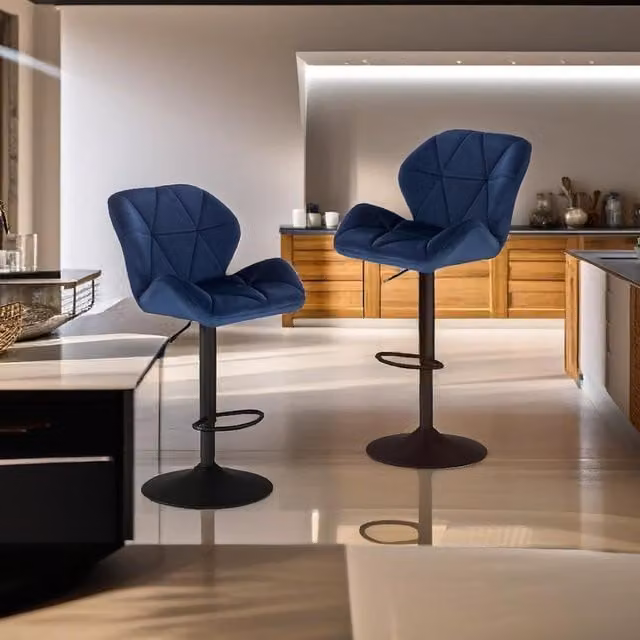 Modcraft Set of 2 Blue Velvet Adjustable Swivel Bar Stools with Black Metal Frames