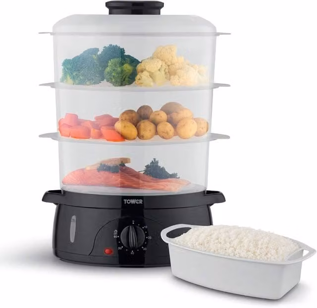 Tower 9L Three Tier Food Steamer with Timer in Black and Transparent