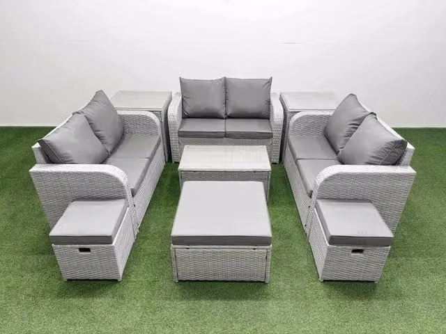 Fimous 9 Seater PE Wicker Rattan Garden Furniture Set in Light Grey with U-Shape Sofa, 2 Seater Love Sofa, 3 Ottomans, Rectangular Coffee Table and 2 Side Tables