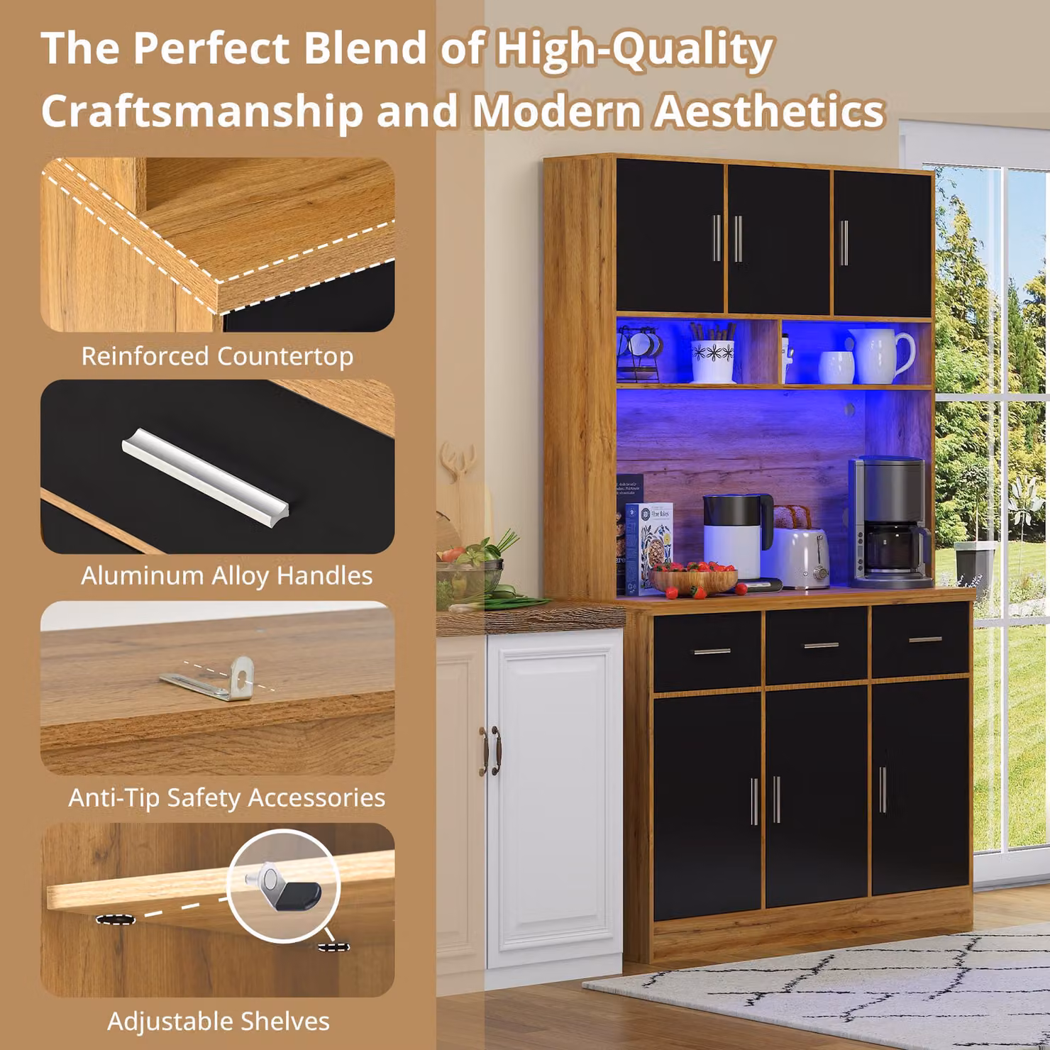 Aosom UK Modern Tall Pantry Cabinet with App-Controlled LED Lighting and Water-Resistant Worktop, Natural and Black, W: 40 cm, D: 100 cm, H: 180 cm – 4