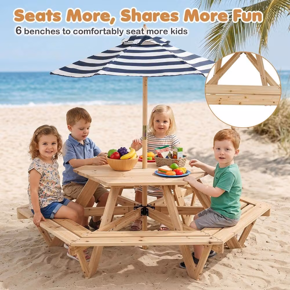 CASART Kids Picnic Table and Bench Set with Removable Adjustable Umbrella in Natural Wood and Multicolour Striped Design – 3