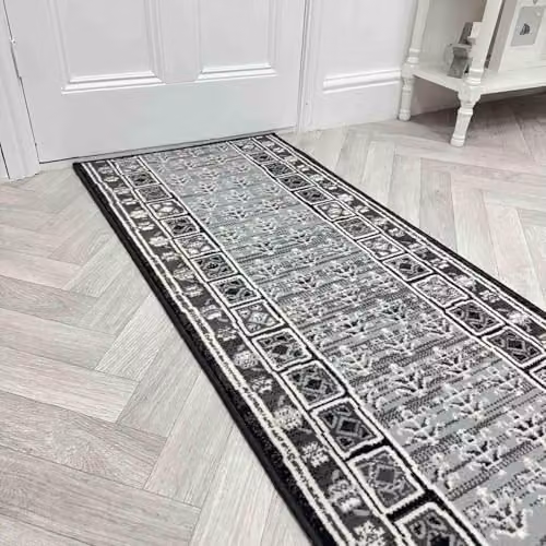 runrug Mayan Hallway Runner Rug in Dark Grey, W: 60 cm, L: 240 cm