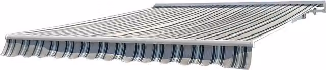Electric Long Projection Half Cassette Awning in Multi Stripe Primrose and Yellow Aluminium