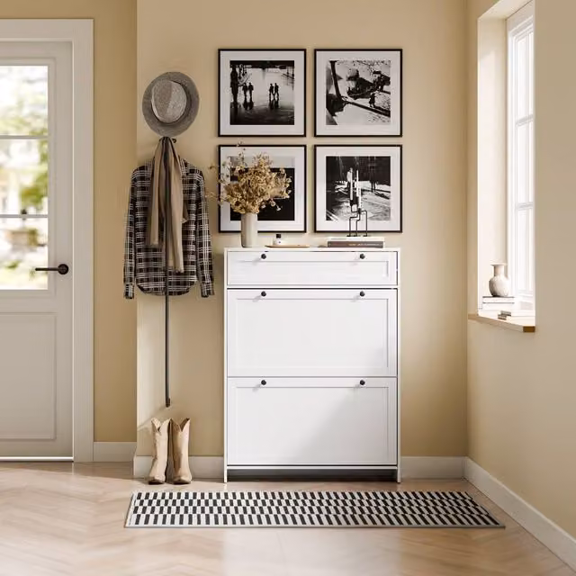 SoBuy Modern Slim Shoe Cabinet with Tilting Compartments and Internal Shelves in White or Black