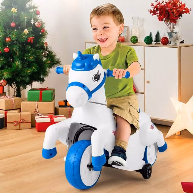 Costway Electric Unicorn Ride On Toy with Light and Sound in Blue and White