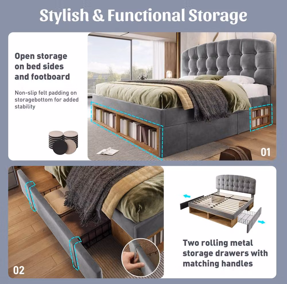 STILVORA Double Upholstered Velvet Bed with Storage Drawers in Grey, W/D/H: 140 x 200 x 137 cm – 6