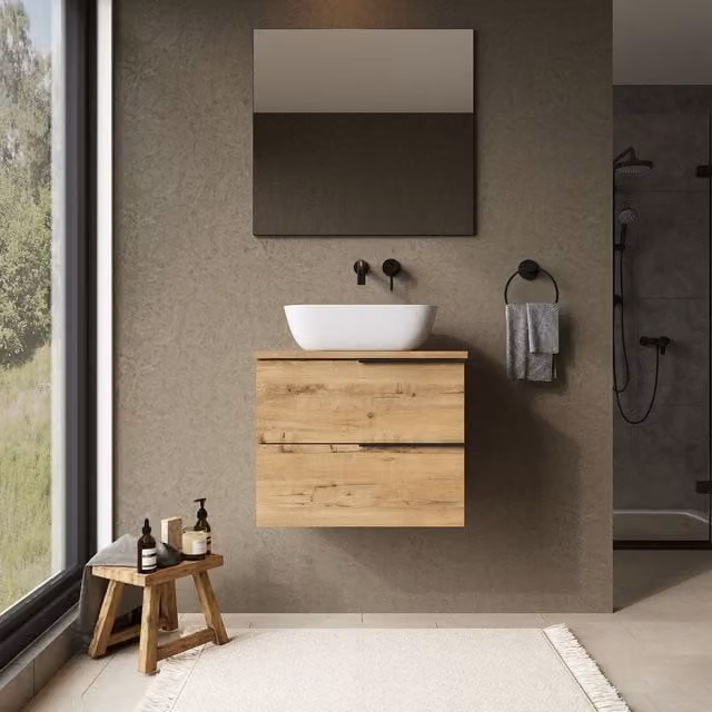 Banyetti Celtic Wall Hung Bathroom Vanity Unit with Matching Worktop in Ostippo Light Oak, W: 60 cm, D: 48 cm, H: 45 cm