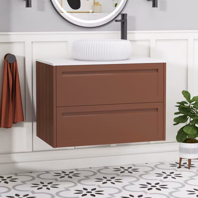 Royal Bathrooms Elmore Wall Hung Vanity Unit in Terracotta Clay with 2 Drawers and White Milan Basin