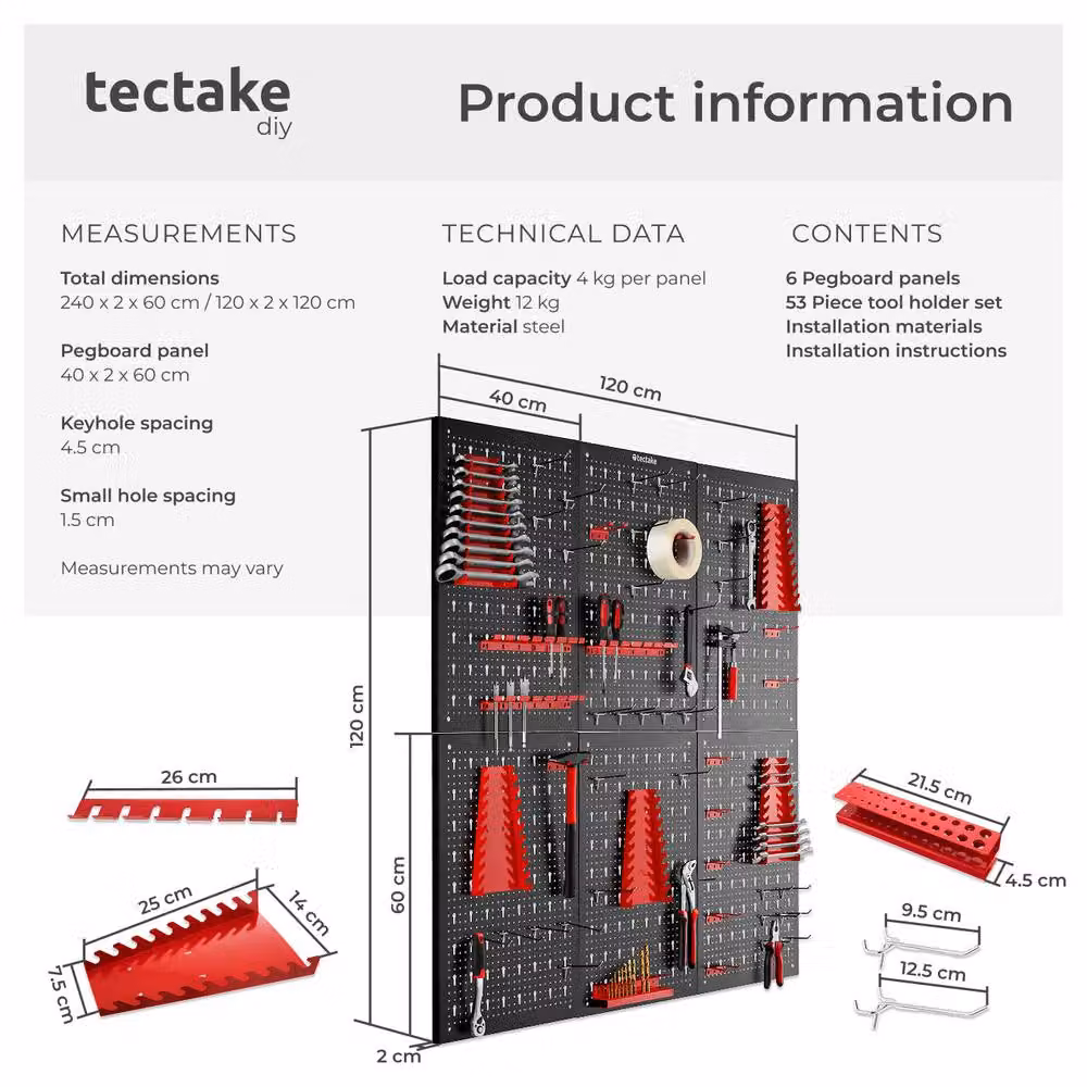 tectake Jonah Steel Tool Pegboard with Hooks and Holders, Multicolour, W/D/H: 120 x 120 x 120 cm – 6