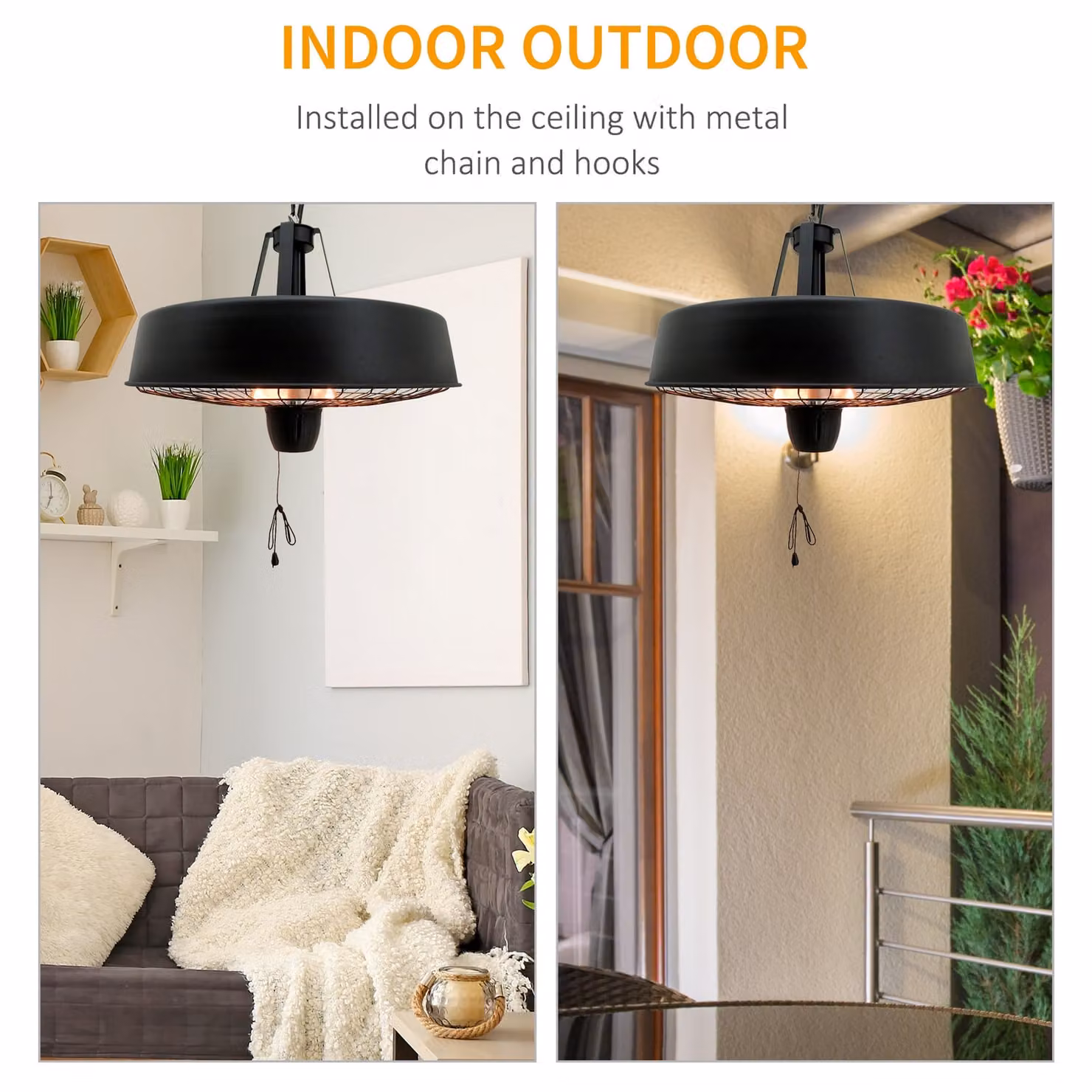 Outsunny Adjustable Infrared Halogen Electric Light Heater, 1000/2500W, Ceiling Hanging Mount, Black – 5