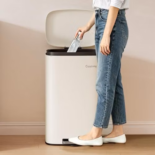 CozyLiving 30L White Stainless Steel Pedal Kitchen Bin with Soft Close Lid and Removable Inner Bucket – 3