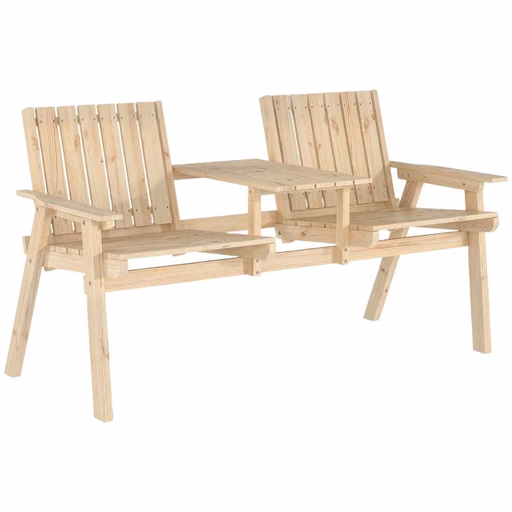 OUTSUNNY Wooden Garden Loveseat with Parasol Hole in Natural Wood Finish – 2