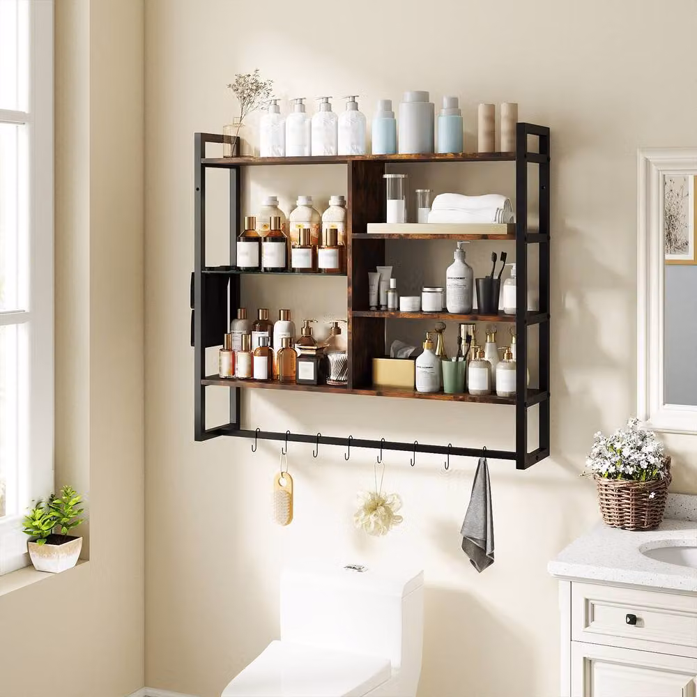 Costway Industrial 6-Tier Wall Mounted Floating Shelves with 8 S-Hooks in Black – 3
