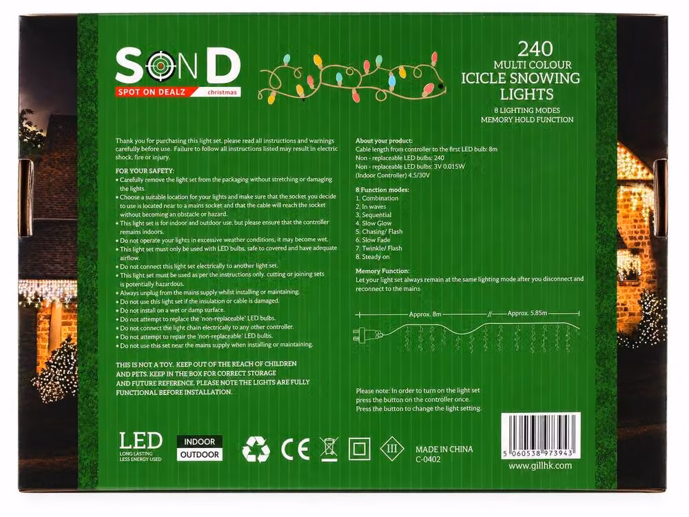 Spot On Dealz 240 LED Multicolour Snowing Icicle Christmas Lights with 8 Functions for Indoor and Outdoor Use – 3