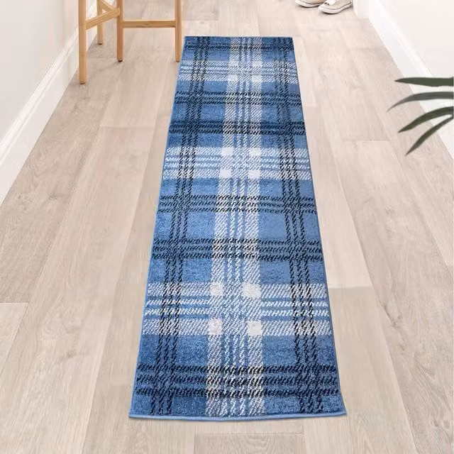 Home Republic Classic Tartan Check Non Slip Runner Rug in Blue