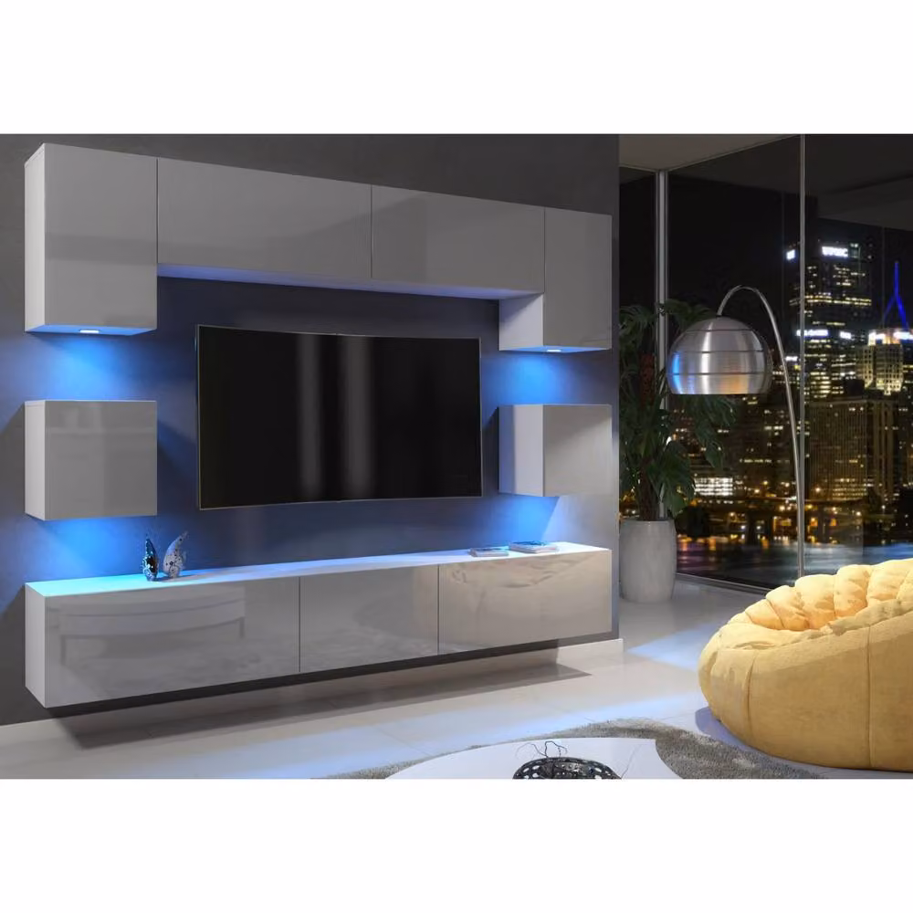 Mex Furniture LTD Panorama Wall Mounted TV Unit with White and Grey Glossy Doors and Integrated LED Lighting (W: 242 cm, H: 35 cm, D: 40 cm) – 2