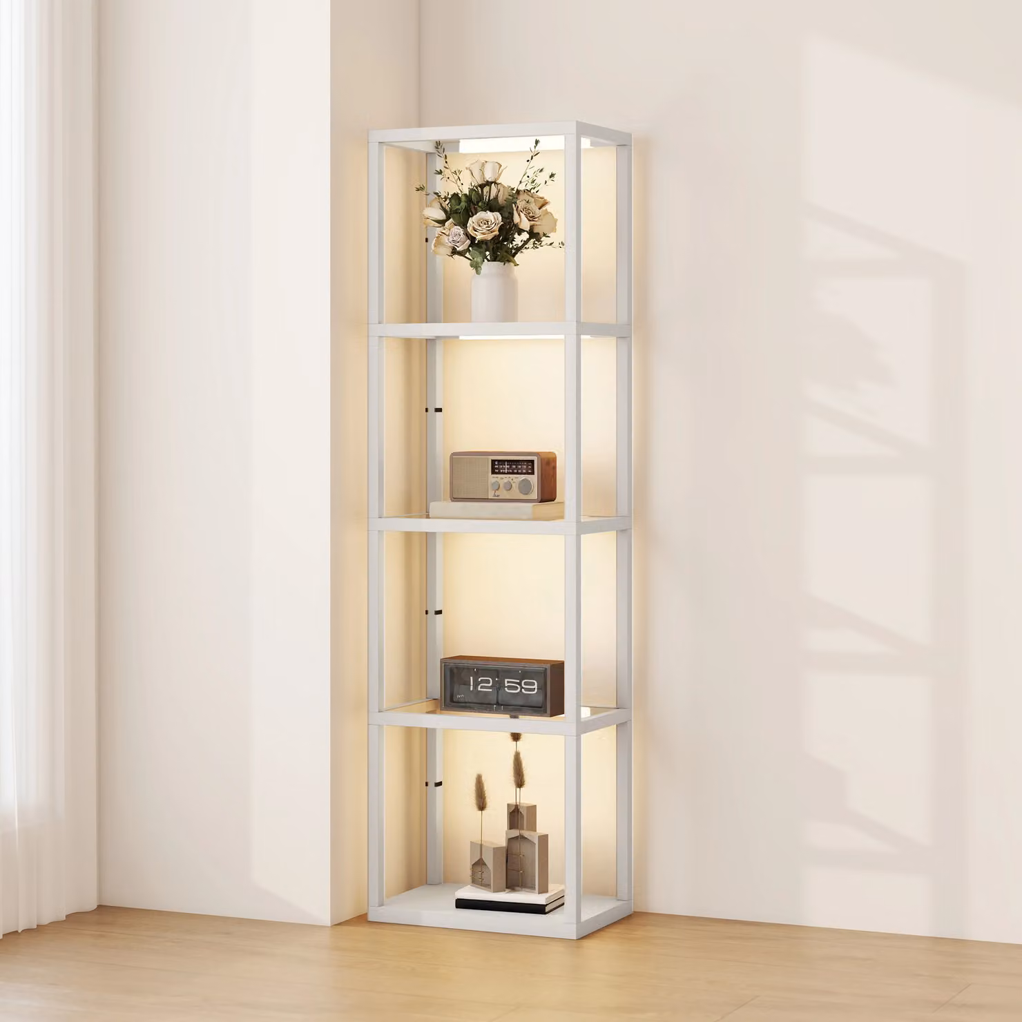 HOMCOM Dimmable LED Floor Lamp with Glass Shelves, Grey – 2