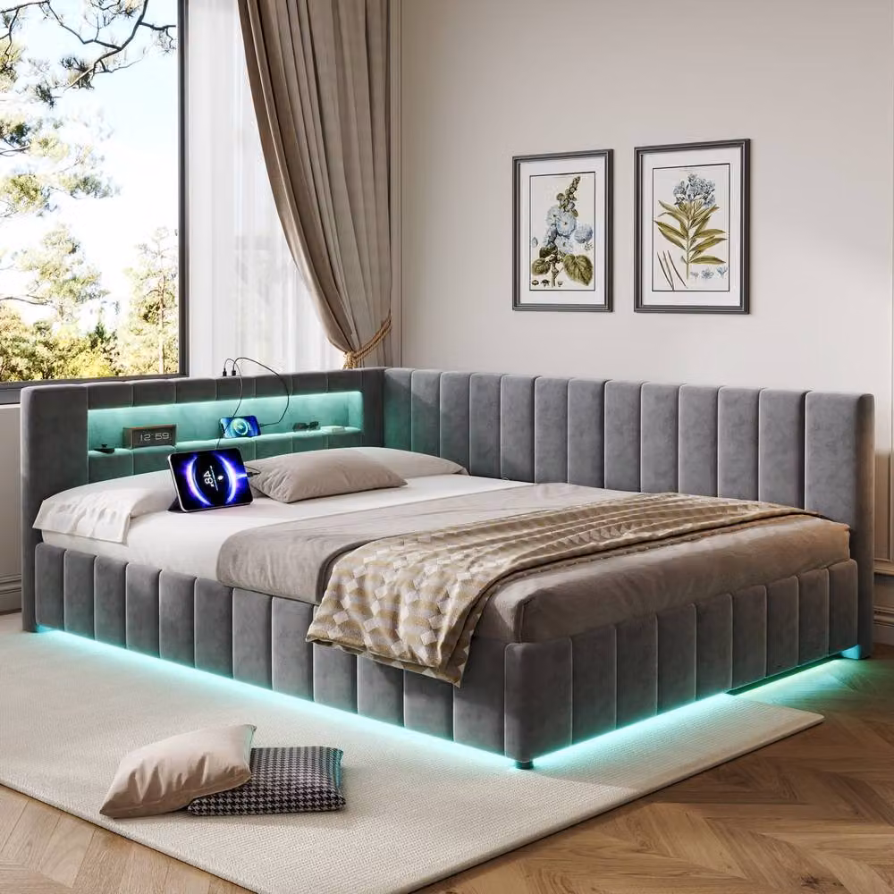 Rolipo Double Velvet Ottoman Bed in Grey with RGB LED Lighting and USB Charging Port, W/D/H: 140 x 200 cm – 2