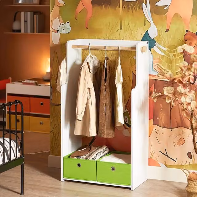 SoBuy Mobile Kids Wardrobe with Wooden Rail and Fabric Bins in White and Green, W/D/H: 60.0 x 110.0 x 40.0 cm – 1