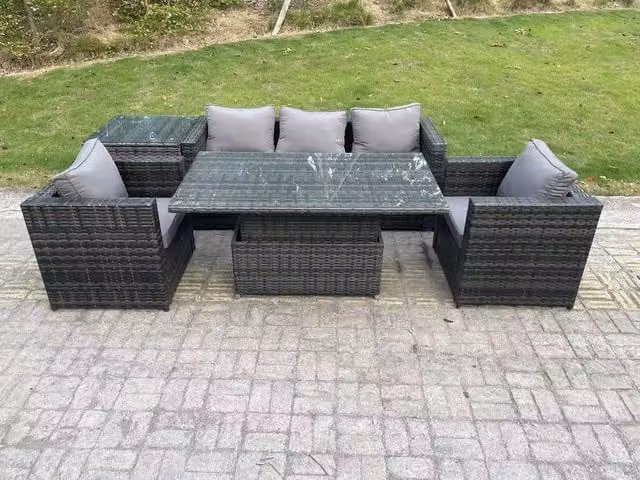 Fimous Outdoor Rattan Garden Furniture Set with Adjustable Rising Lifting Dining Table and Side Table in Dark Grey