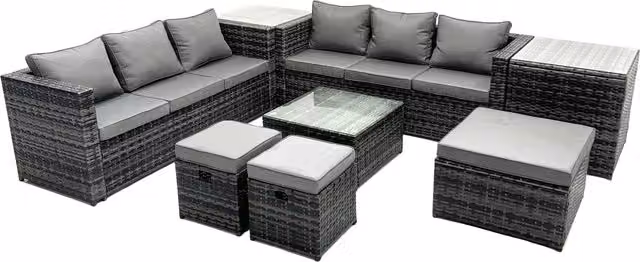 Fimous 9 Seater U-Shape Patio Lounge Sofa Set in Grey with 2 Side Tables and 3 Footstools – 1