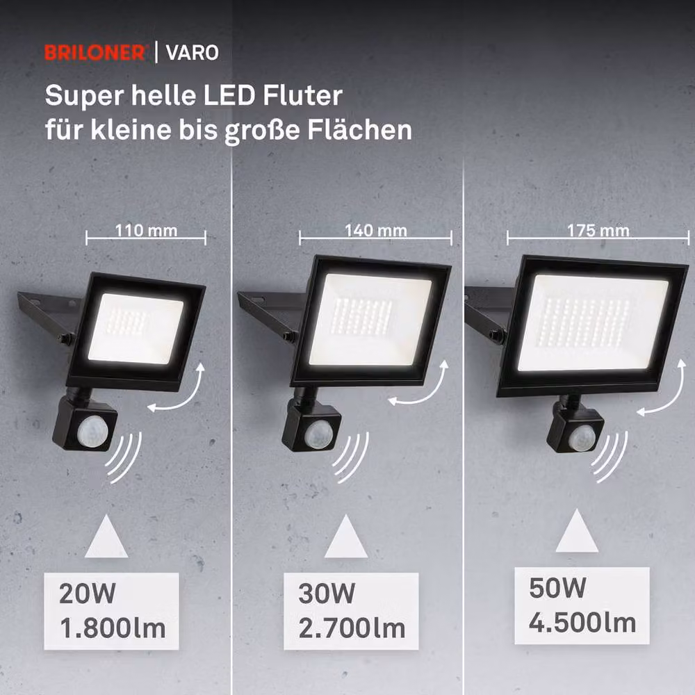 Briloner Black LED Outdoor Floodlight with Motion and Dusk Sensor, 30W, 2700lm, IP65, W/D/H: 19 x 19 x 4 cm – 12
