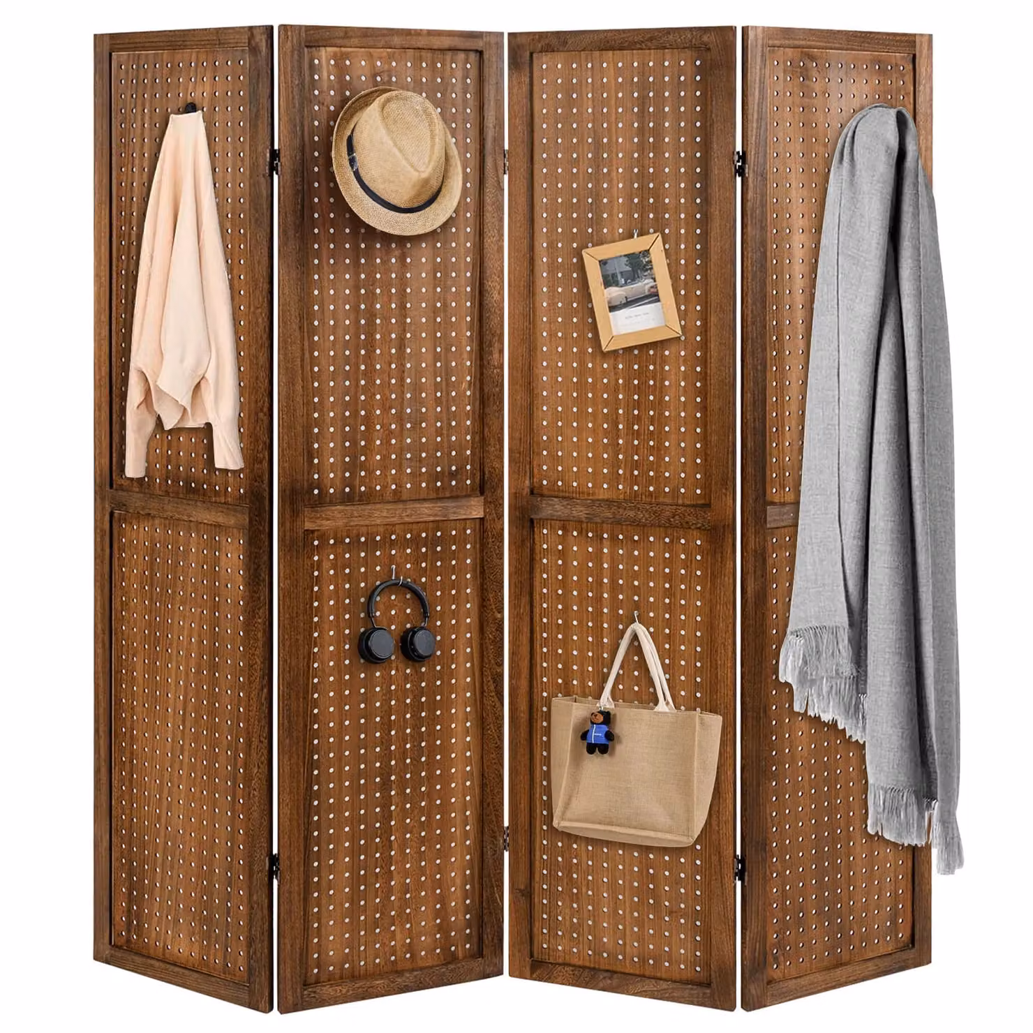 Gymax 4-Panel Brown Pegboard Folding Room Divider Privacy Screen, Height: 170 cm – 5