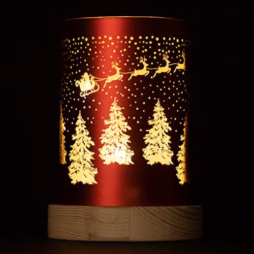 Shatchi Christmas Decorated Red Glass Cylinder Vase Table Lamp with Santa Sleigh Scene, H 16 cm x W 11 cm x D 11 cm – 3