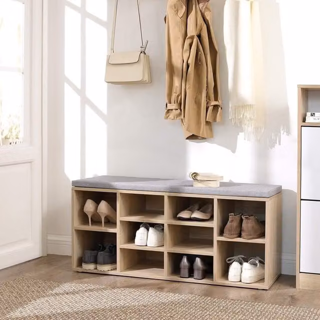 The Bazaarist 10-Compartment Shoe Storage Bench Cabinet with Fabric Cushion Seat in Oak Brown