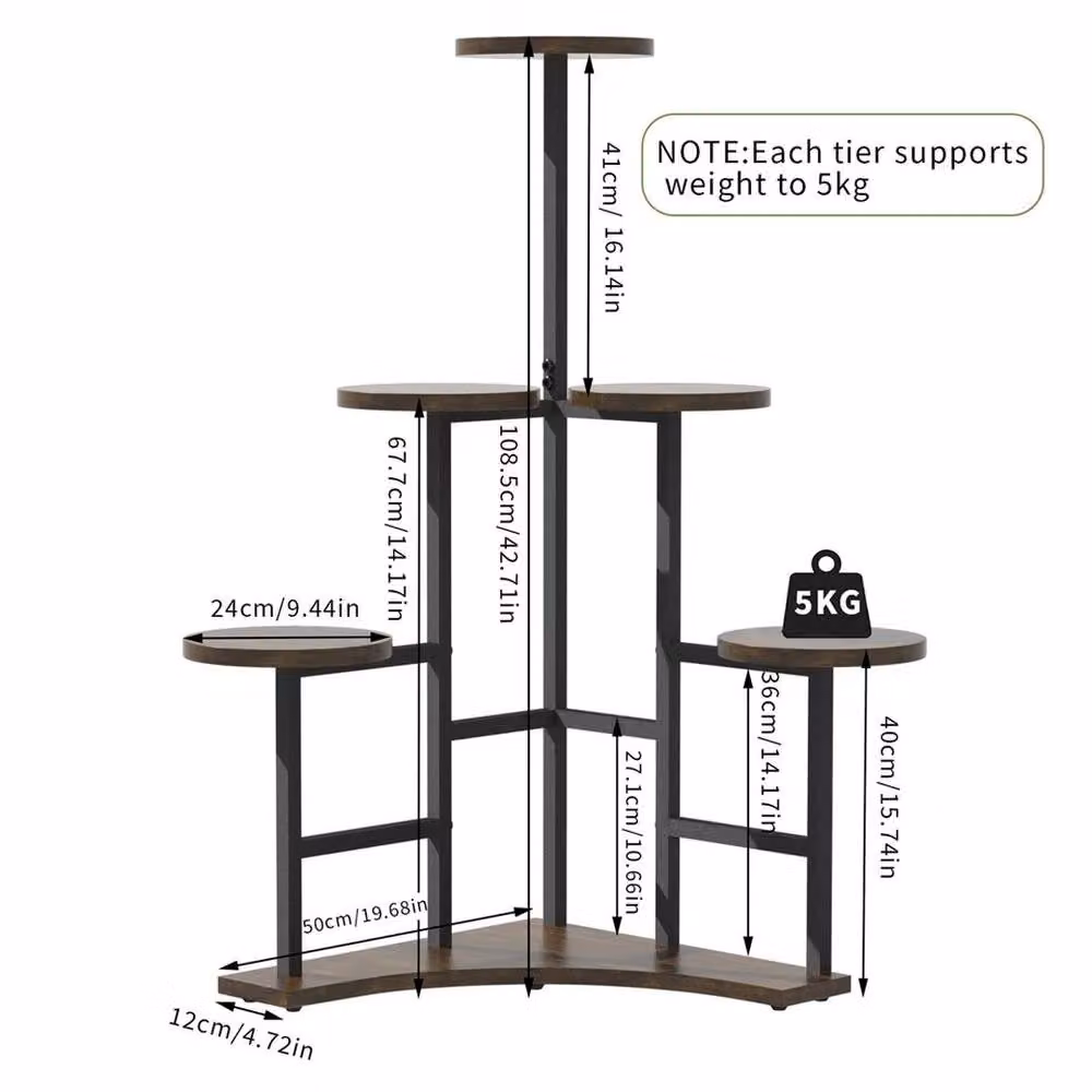 EONLION 6 Tiered Rustic Corner Plant Shelf in Black and Brown with Metal and Wood Construction, W: 100 cm, H: 180.5 cm – 2