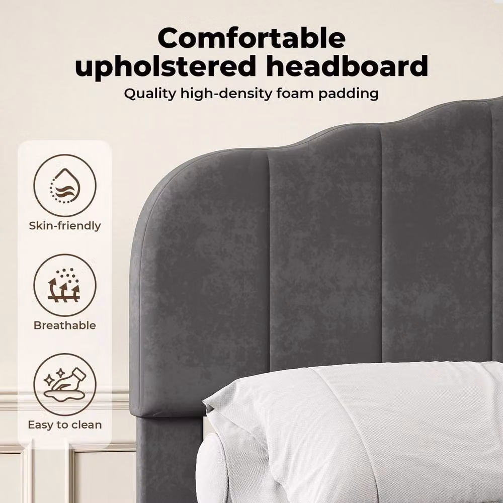 VOGREX Modern Upholstered Double Bed Frame with Scalloped Headboard in Grey – 5