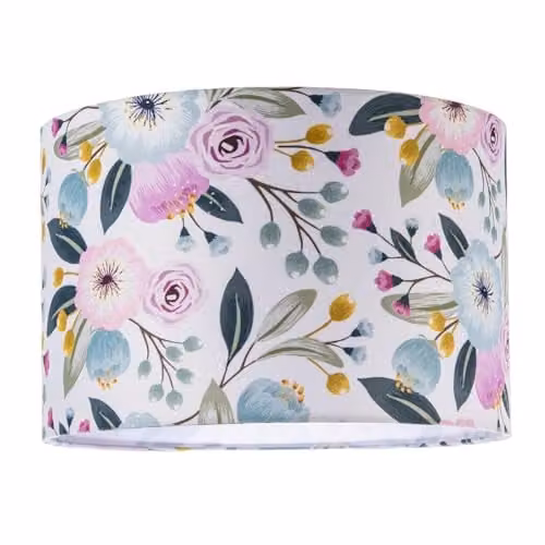 Happy Homewares Pink and Multicolour Floral Cotton Cylinder Lampshade with Shabby Chic Botanical Design