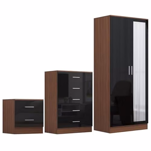 Reflect Modern Bedroom Furniture Set in Black Gloss and Walnut Finish, including 2 Door Mirror Wardrobe, 5 Drawer Tallboy Chest and 2 Drawer Bedside Table – 3