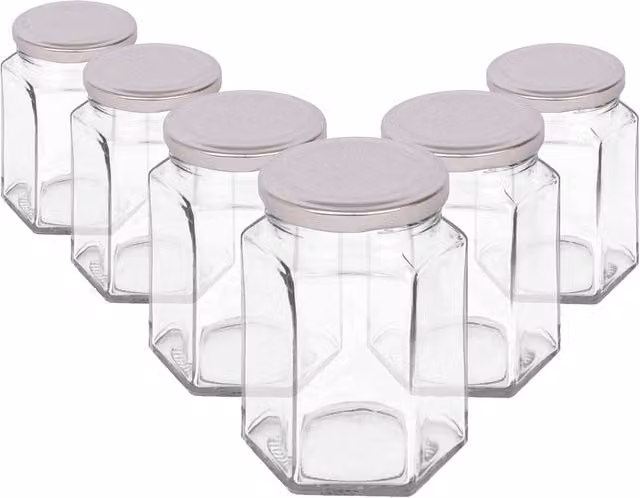 Argon Tableware Set of 6 Hexagonal Glass Jam Jars with Silver Screw Tops, 250ml – 1