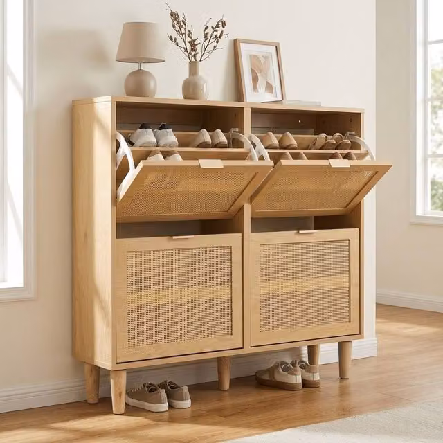 STILVORA Oak Shoe Cabinet with Rattan Doors and Adjustable Internal Shelves in Brown – 1