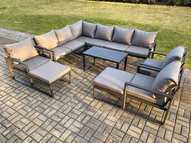 Fimous 11 Seater Outdoor Lounge Corner Sofa Set in Dark Grey with Oblong Coffee Table, 3 Chairs and 2 Large Footstools