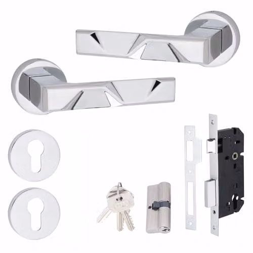 Golden Grace Nova Euro Lock Door Handles in Polished Chrome with Key Lock Set
