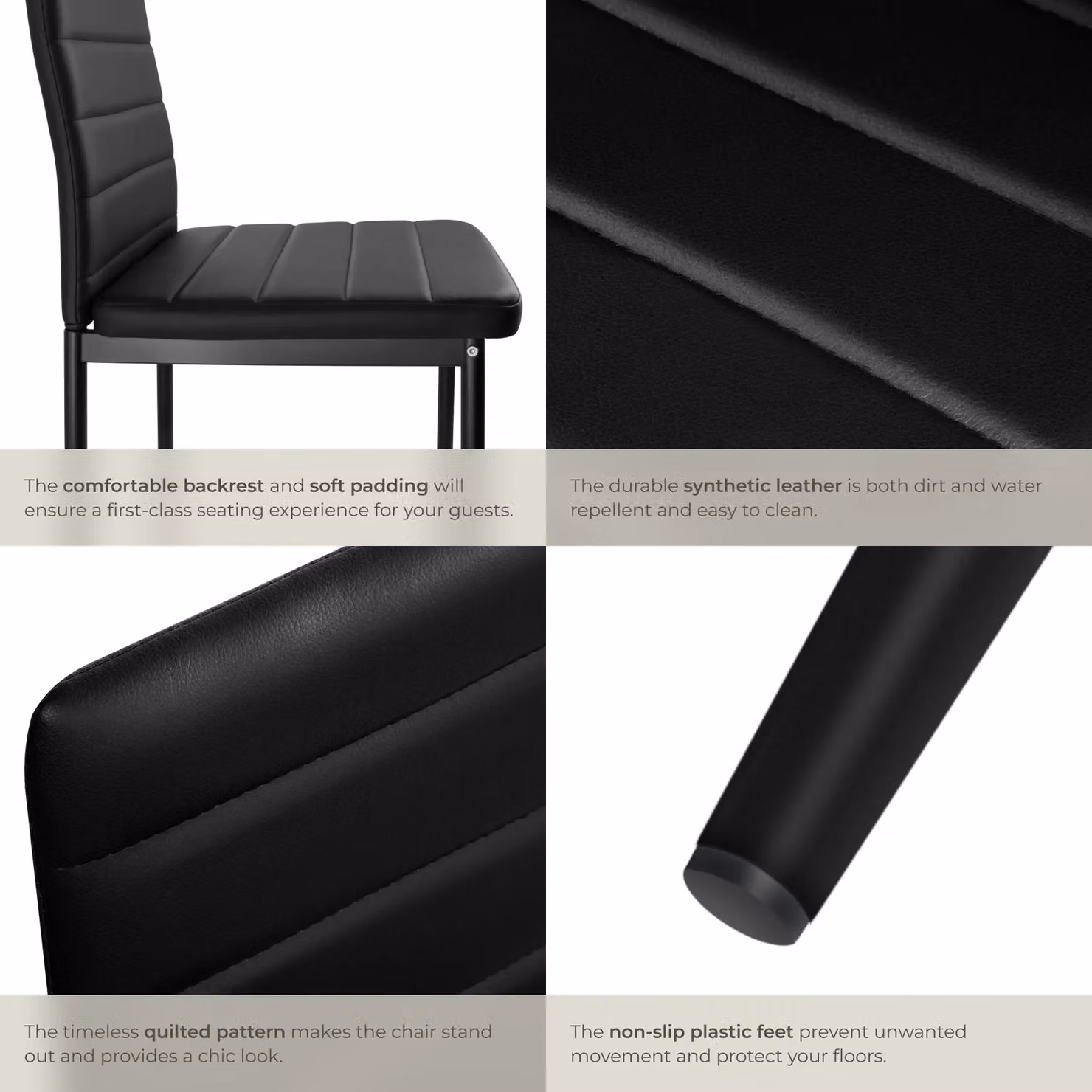 tectake Thomas Set of 4 Modern Dining Chairs in Black Synthetic Leather – 4