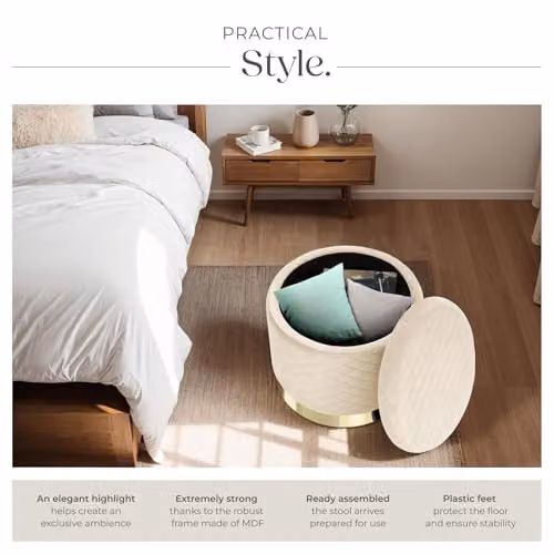 tectake Coco Storage Stool in Cream with Velvet Fabric and Gold Base – 4