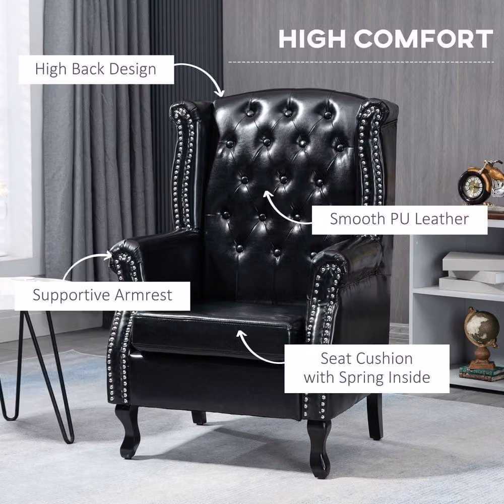 Wyld Haus Nana Bafa Black Synthetic Leather Wingback Chesterfield Accent Chair with Solid Wood Frame – 3