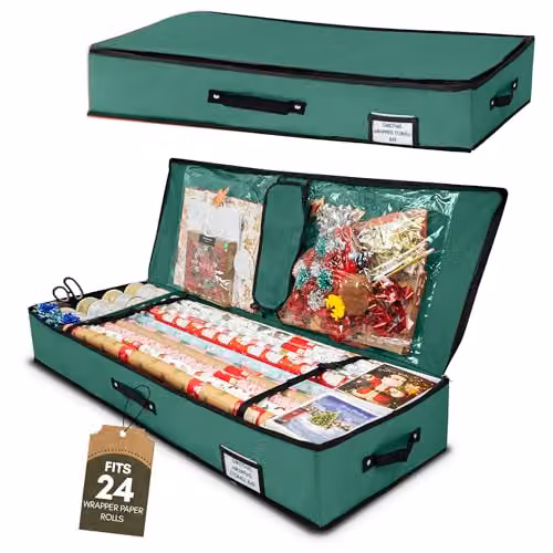 Pelle & Sol Christmas Wrapping Paper Storage Bag in Green, Fits 24 Rolls, Foldable Fabric Organizer with Handles