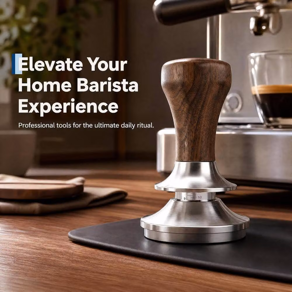 London Boutique Brown Stainless Steel and Wood 53.5mm Espresso Coffee Tamper – 6